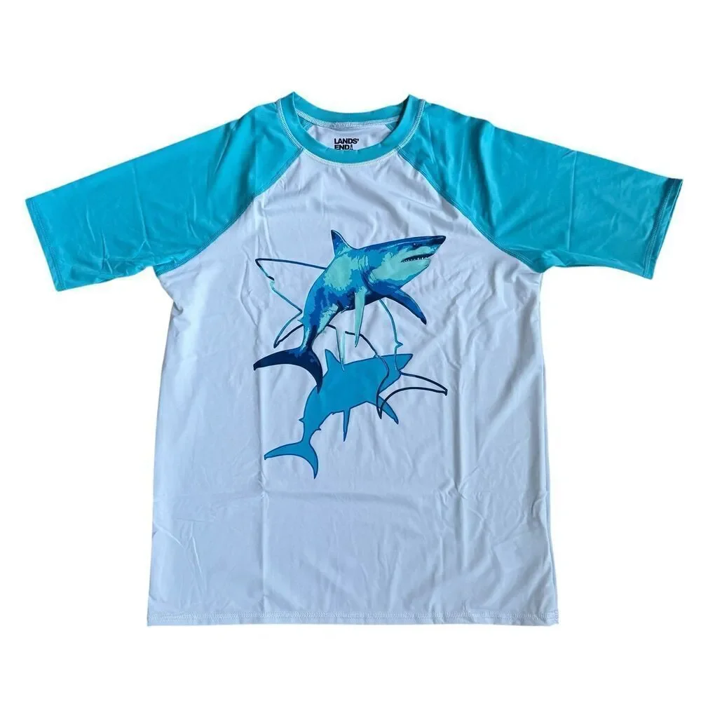 Land’s End Blue Turquoise White Swim Top Rash Guard Sharks Boys M 8 NWOT